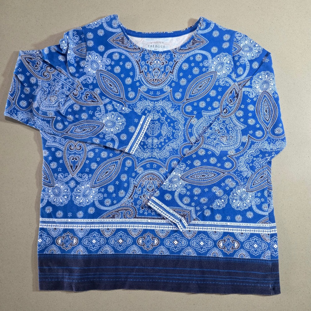 Talbots Plus Size X Blue Paisley Print Long Sleeve Cotton Spandex Tee Shirt